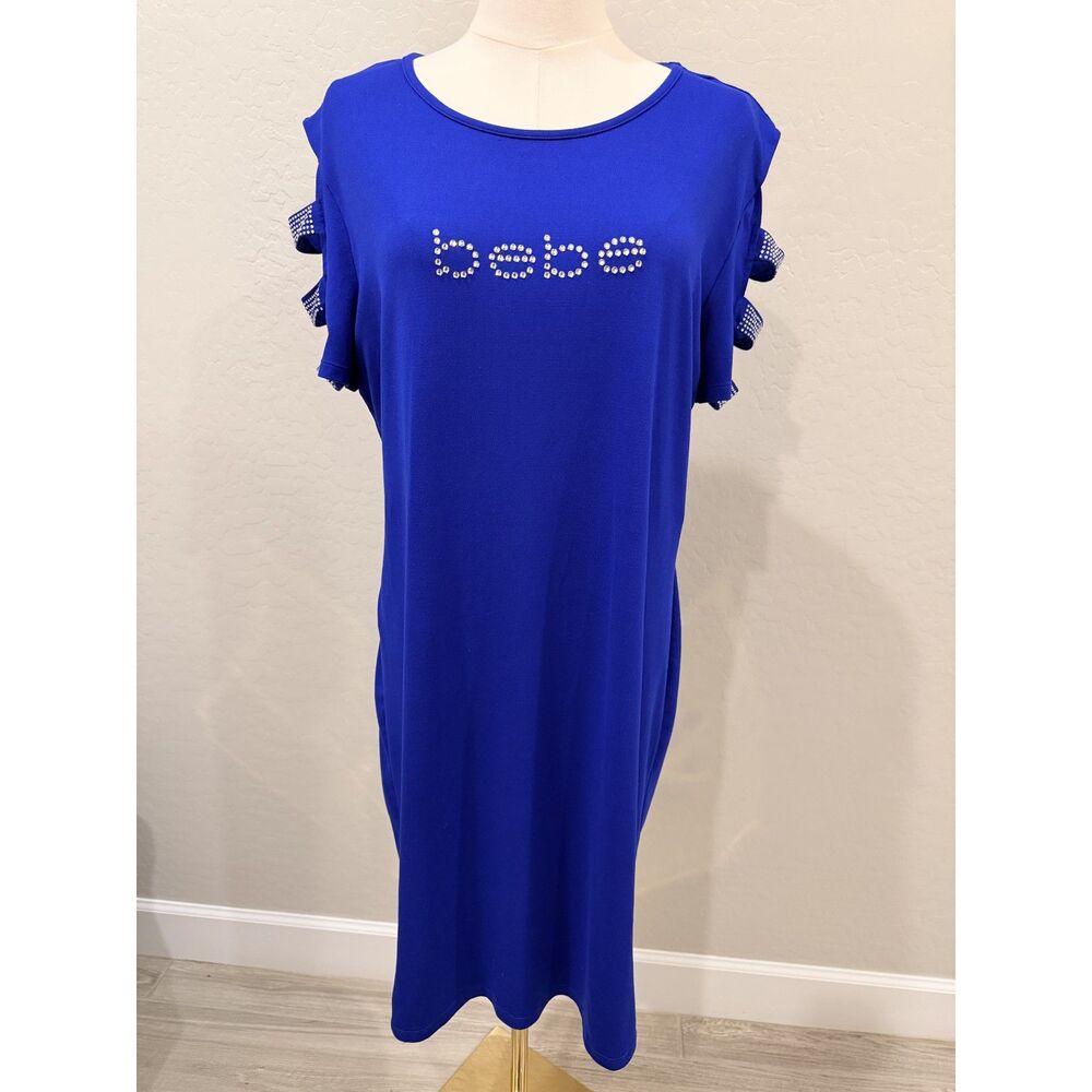 bebe Royal Blue Rhinestone Logo T-Shirt Dress Cutout Sleeve Detail Size XL